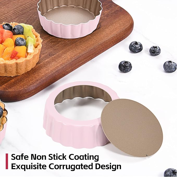 4 Pcs 3.6 Inch Mini Tart Pan Depth 1 Inch with Removable Bottom NonStick Tin - Pink