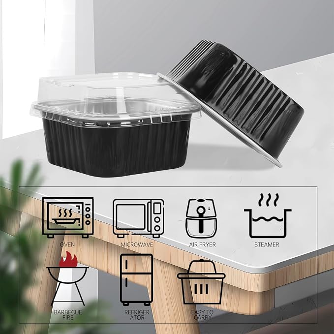50 Pcs Mini Square Baking Cups with Lids,5oz Aluminum Foil Mini Cake Pans with Lids,Disposable Ramekins Cake Pans,150ml Dessert Cups Cupcake Pans for Wedding Birthday Party,Black Sliver