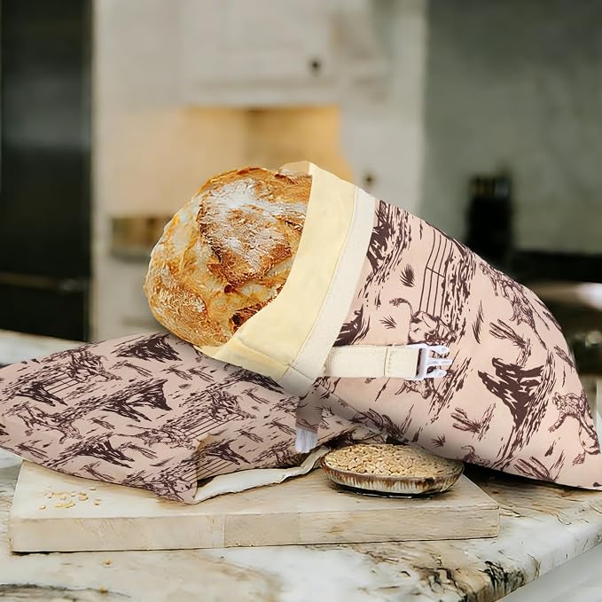 Western Reusable Beeswax Bread Bags for Homemade Bread & Sourdough, 2-Pack XL Airtight Food Storage Bags, Organic Cotton Linen Covers - Freezer-Friendly Freshness Preservation Keeps Fresh Longer