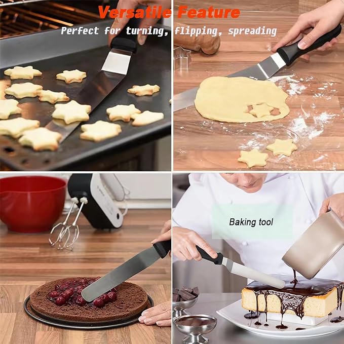 Cake Cream Spatulas, 3 Pieces of Cake Angled Spatula with Stainless Steel, Professional Cake Decorating, Pastry & Baking, Icing Frosting Cream Chocolate Cake Spatula (3 Pcs Black)