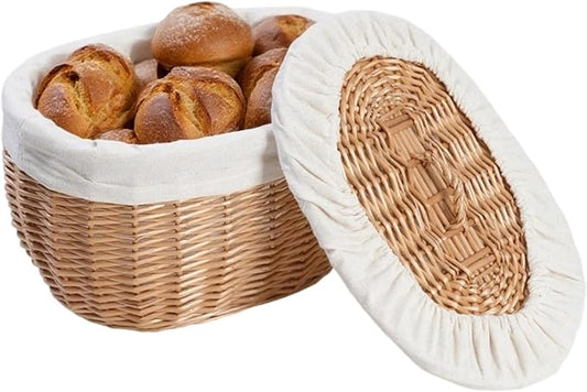 Wicker Bread Basket Serving with Lid & Removable Lining, Sourdough Proofing Basket,Eco-friendly Bread Storage basket Ideal for Picnics & Dining (Oval)