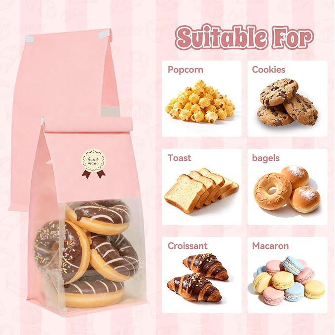 Funcoo 50 Bakery Bags with Window, 5.1x3.9x11 Inches Paper Bread Bags, Tin Tie Tab Lock Cookie Bags Food Storage Bag for Snacks, Popcorn, Candies, 60 pcs Stickers Included