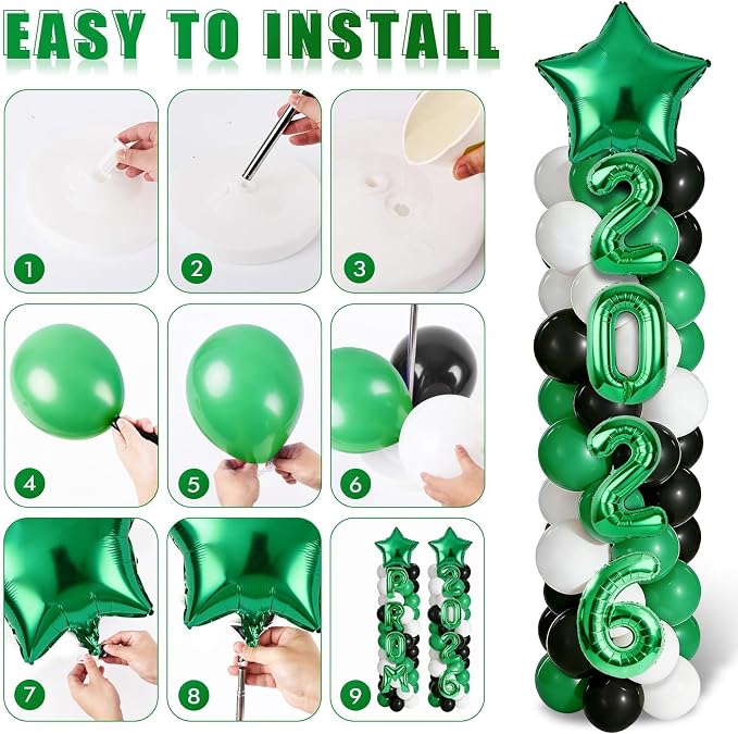 2 Sets 2026 Prom Dance Party Balloon Column Stand Kits Black Green White Latex Balloons 2026 Letters 6.5 Ft Adjustable Metal Tube Telescopic Tower Pillar with Base for Prom Dance Party Decoration