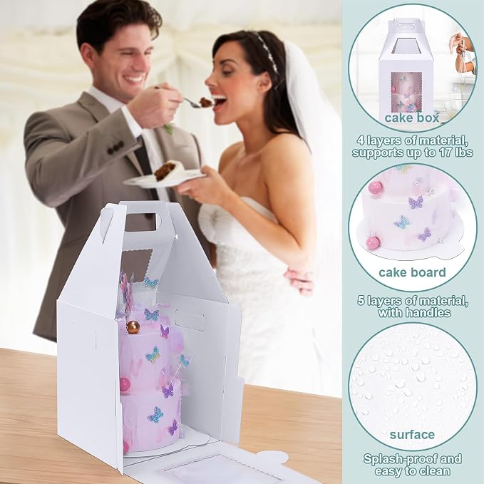Tall Cake Boxes for Tier Cakes with Cake Boards 4 Pack 10x10x12 Inch Large Tiered Cake Carrier Containers with Window for Wedding Birthday Bakery