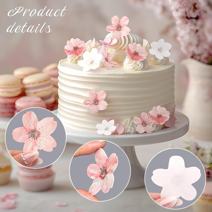 50 Pcs Edible Cherry Blossoms Cake Decorations, Edible Cherry Blossom Cupcake Toppers Rice Paper Flower Cake Toppers for Birthday Baby Shower Party Decorations Supplies Pink