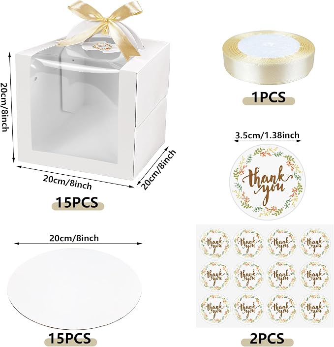 MUMULULU 15 PCS 8 x 8 x 8 Inches Cake Boxes with Carry Handles and Cake Boards Bakery Boxes with Silk Ribbon and Stickers for Cakes Pastries Birthday Party Wedding (White 8×8×8)