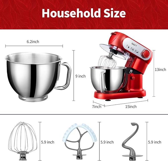 Stand Mixer, 6 QT 600W Tilt-Head Dough Mixer, 6+P speed Mixers Kitchen Electric Stand Mixer with Stainless Steel Bowl, Dishwasher-Safe Dough Hook, Flat Beater, Wire Whisk, Splash Guard, Red