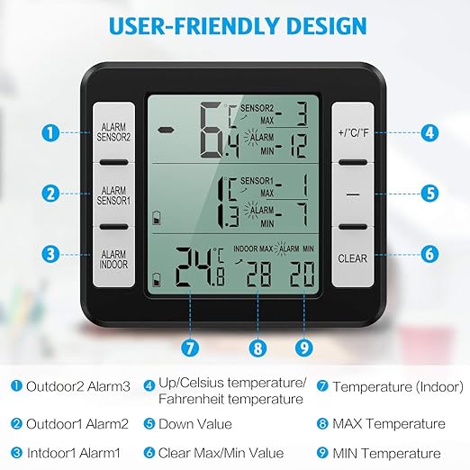 (New Version) AMIR Refrigerator Thermometer, Wireless Indoor Outdoor Thermometer, Sensor Temperature Monitor with Audible Alarm Temperature Gauge for Freezer Kitchen Home (Battery not Included)