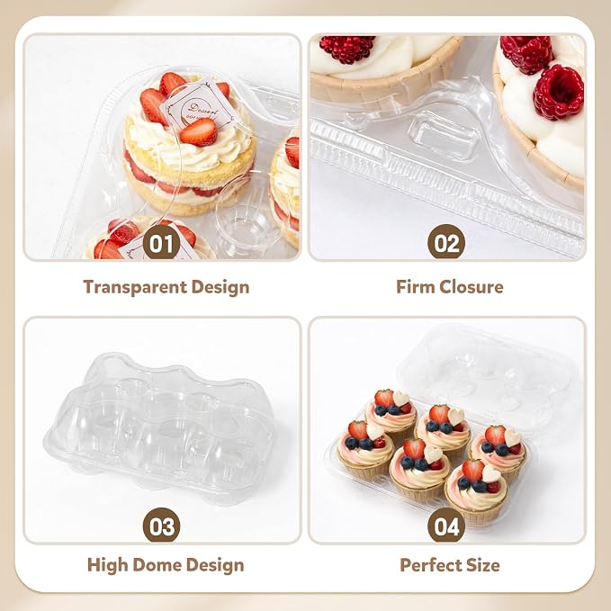 WIKDAY 6 Count Cupcake Containers with Lids, 60 Pack Stackable cupcake holders Clear Plastic Dessert Boxes for 360 Cupcakes, Muffins