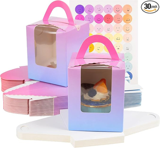 KEYIDO 30 Pcs Individual Cupcake Boxes Deep Gradient Single Cupcake Boxes 1 Hole Cake Box with Clear Window Inserts and 2 Sheets of Stickers for Wedding Birthday Party Favors