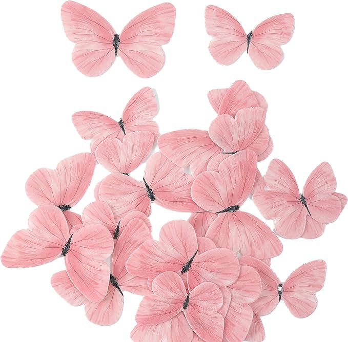58Pcs Pink Edible Butterflies Cake Toppers Wafer Glutinous Paper Butterfly for Cake Cupcake Decoration Colorful Small Pastel Cupcake Topper Decoratings for Wedding Birthday Baby Shower(Mix Size)