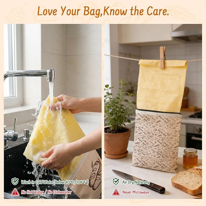 2-Pack Reusable Beeswax Bread Bags for Sourdough & HomemadeBread with Zipper, 16.5 x 13 inch bread bags for Food Storage