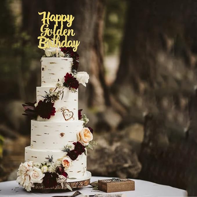 1 PCS Happy Golden Birthday Cake Topper - Gold Glitter Pick for Celebrating Anniversary Theme Party Cake Decorations Supplies
