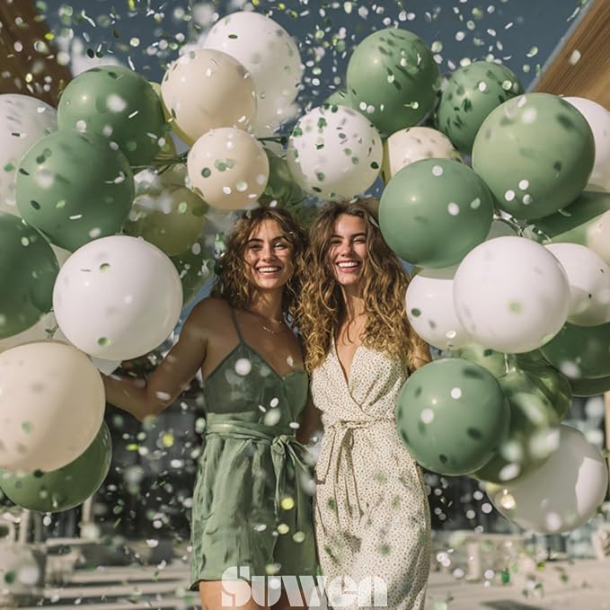SUWEN Sage Green Balloons 60Pcs,12 inch Olive Green Sand White Latex Balloons for Boho Neutral Birthday Bridal Wedding Engagement Shower Party Decorations