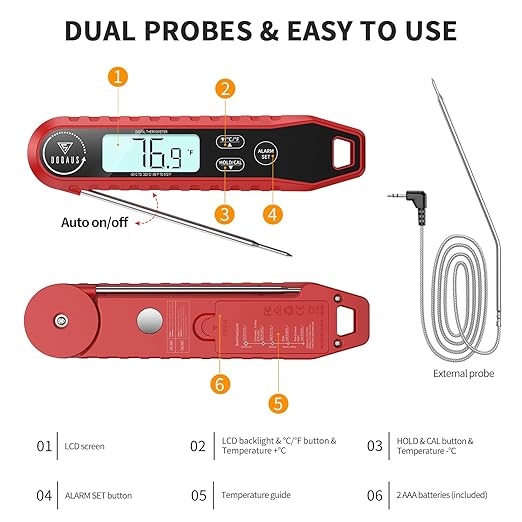 DOQAUS Meat Thermometer Digital with Dual Probe, Instant Read Food Thermometer for Cooking with Backlight and Alarm, 3s Fast Response, 40-inch Long Wired Probe for Oven BBQ Grill Smoker Candy