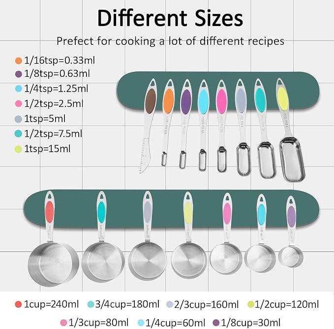 Magnetic Measuring Cups and Spoons Set, 15 Piece Stainless Steel Measuring Cups and Spoons for Measure Dry and Liquid Ingredients (Colorful)