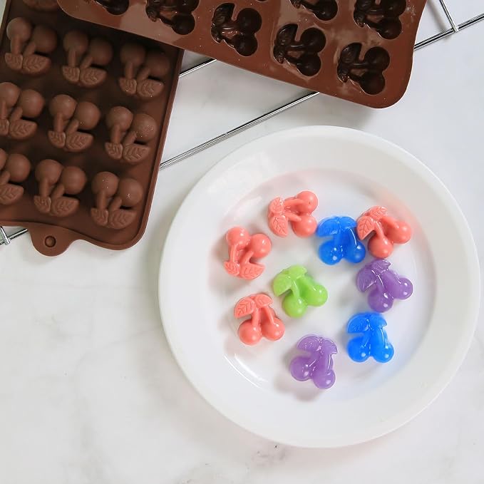 Mini Cherry Chocolate Molds, 2 Pcs Silicone Molds with Cherry Shape for Making Chocolate/Candy/Gummy/Jelly, Food Grade Candy Mold with 15 Cavities Mini Cherries for Fruit Snacks