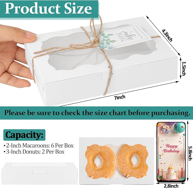 40 Pack Cookie Boxes with Clear Window, 7 x 4 3/8 x 1½ Inch Small White Kraft Candy Boxes Premium Pastry Boxes with Tags Ropes for Cookie Packaging, Dessert, Donuts, Pie, Cupcakes, Parties