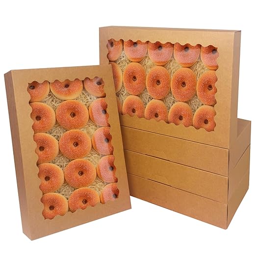 qiqee Auto-pop Up 14x10x2.5 Inch Brown Cookie Box with Window 15Pcs Pastry Macaron Bakery Box For Packaging