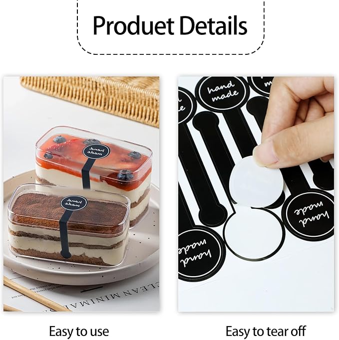 50 Sheets(500 Pcs) Handmade Food Baking Seal Stickers Labels, Self-Adhesive Handmade Bakery Stickers, Black Long Label Cake Sealing Sticker for Pastry Bags Lollipops Candy Cake Sweat Bread