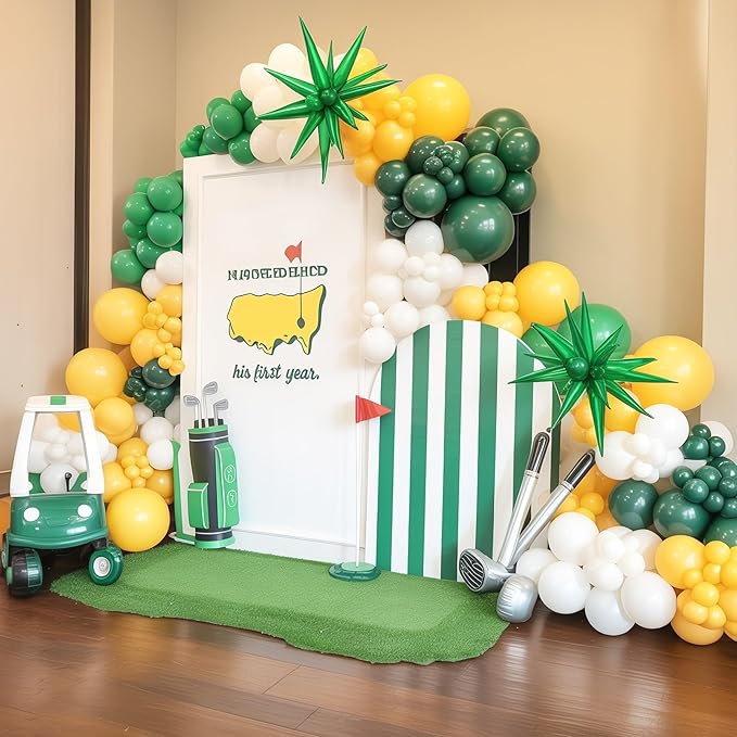 Green Yellow White Balloon Arch Garland Kit, Golf Hole In One Birthday Decorations with Foil Star Balloons for Golf First Birthday Lets Par-tee Sports Themed Party Retirement Decorations Supplies