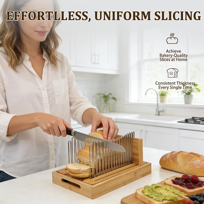 Bamboo Bread Slicer for Homemade Bread | Adjustable Width, Stainless Steel Slicing Guides, Crumb Tray, For Sourdough, Cakes, Loaves, Bagels