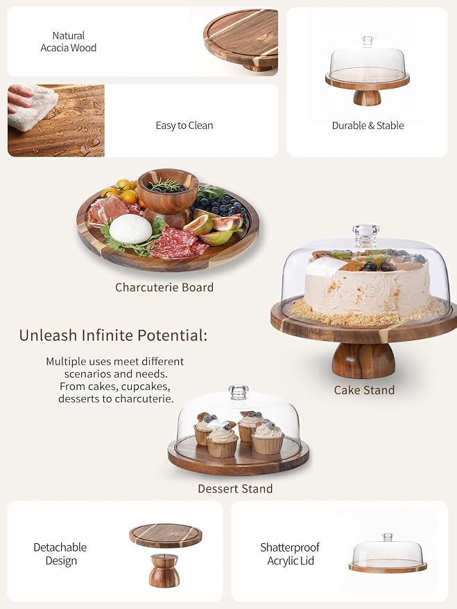 Kanwone Acacia Wood Cake Stand with Acrylic Lid - 12in Cake Plate, Multi-Functional Dessert Table Display Set, Charcuterie Board, Cake Holder with Dome, Detachable Design