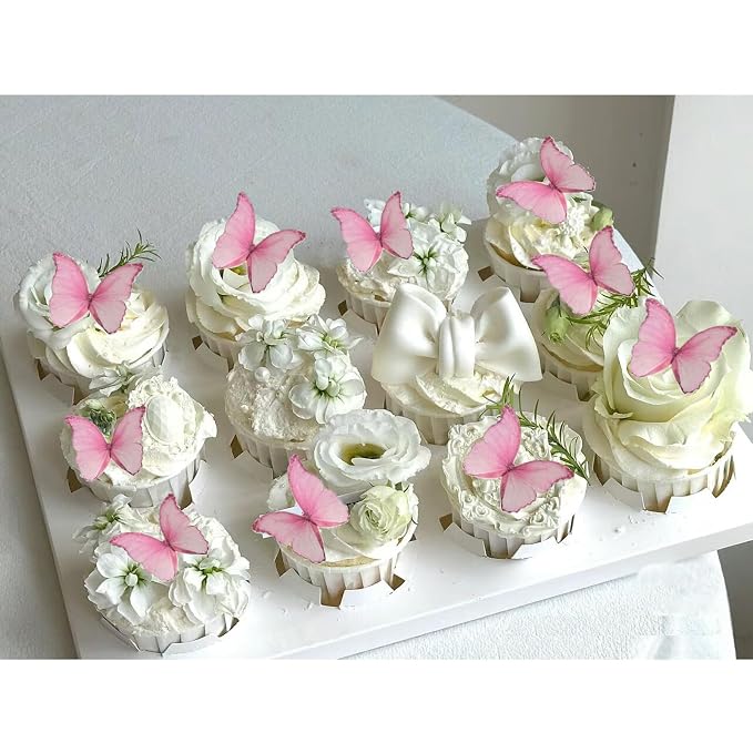 Weraru 48Pcs Edible Wafer Paper Butterflies Cupcake Topper Pink Cake Decorations