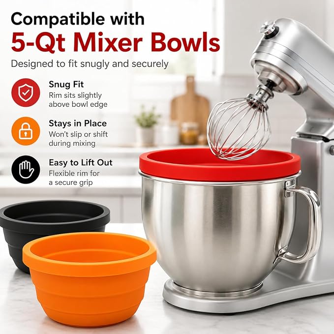 3 PCS Silicone Bowl Liners Compatible with KitchenAid 5Qt Tilt-Head Stand Mixer, Food Grade Collapsible Bowl Inserts with Airtight Lids, Foldable & Reusable Mixer Accessories for Baking