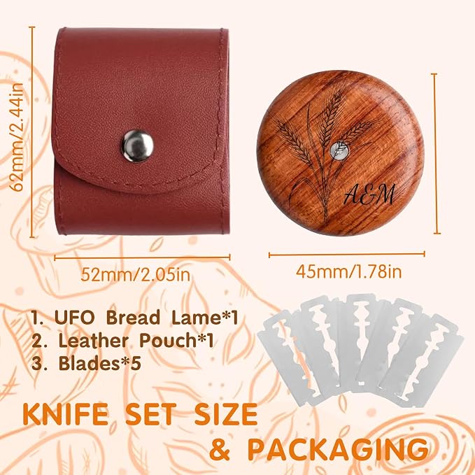 Custom Engraved UFO Bread Lame - Personalized Sourdough Scoring Tool for Artisan Bread Baking, Bread Scorer Tool Set with 5 Professional Stainless Steel Blades, Baker Gift Idea (Design D-Brown Pouch)
