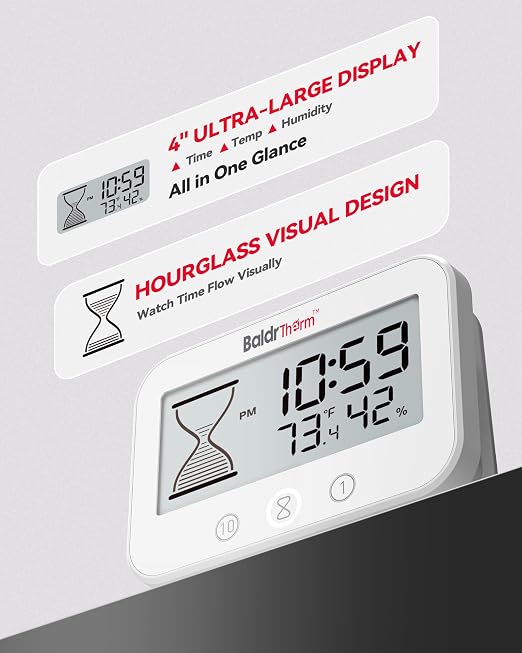 Baldrtherm Digital Timer, Works as a Countdown Timer, Real-time Clock, Hygrometer Thermometer. IP67 Waterproof Safe for Kitchen Bathroom Use. (White)