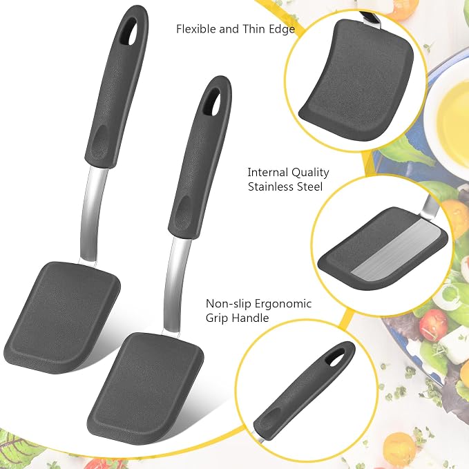 Silicone Cookie Spatula Turner 2 Pack Mini Brownie Spatula Flexible Kitchen Small Silicone Turner for Nonstick Cookware Heat Resistant No Scratch Flipper for Pancake(Solid Flat,Grey)