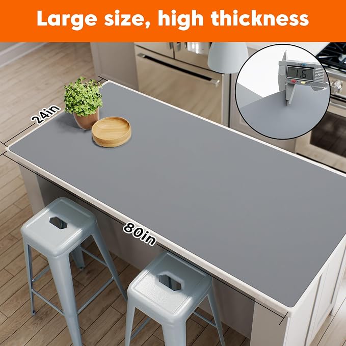 Extra Large Silicone Mats for Kitchen Counter, 24"x80" Heat Resistant Mat for Kitchen Island, Waterproof Multipurpose Countertop Protector, Skin-Friendly Material Table Mat, Freely Cuttable, Dark Gray