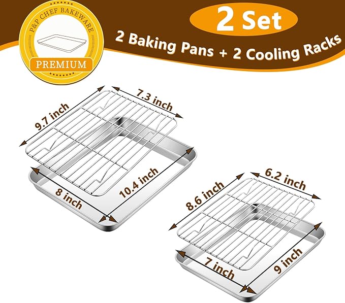 P&P CHEF 10.4 + 9 Inch Toaster Oven Pans with Racks, 4 Pieces Stainless Steel Oven Tray Baking Pan Sheet and Cooling Rack for Oven Cooking Roasting, Non Toxic & Dishwasher Safe