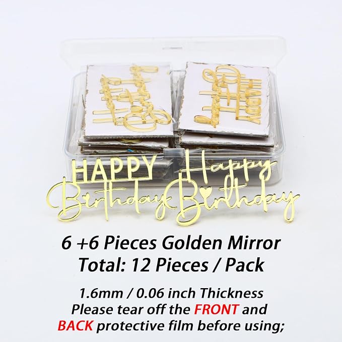 Happy Birthday Cake Topper, Gold Mirror Acrylic, 12 Pieces, Cupcake Party Decorations