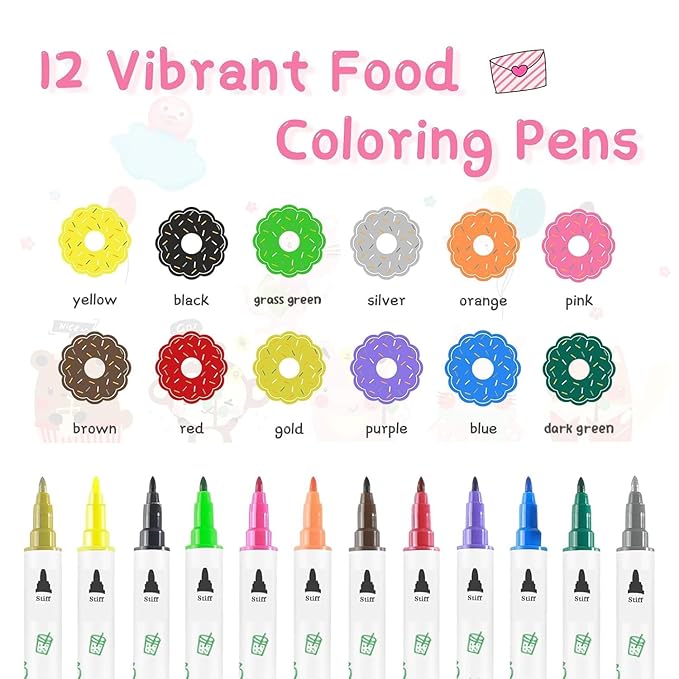 Treedoa Edible Markers for Cookie Decorating,12Pcs Food Coloring Pens Double Side Food Grade Edible Pens with Fine&Thick Tip Food coloring Pens for Cakes,Easter Eggs,Fondant,Cookies,Frosting,Macarons