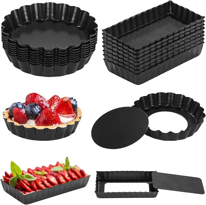Mini Tart Pans With Removable Bottom Nonstick Quiche Pan, 8Pieces Round and 8Pieces Rectangle Pie Pans, 4 Inches Carbon Steel Mini Pie Pans, Fluted Side Dessert Baking Mold Set for Egg Tarts