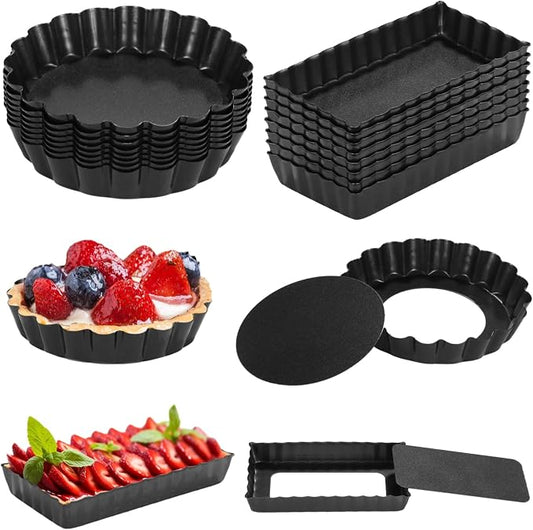 Mini Tart Pans With Removable Bottom Nonstick Quiche Pan, 8Pieces Round and 8Pieces Rectangle Pie Pans, 4 Inches Carbon Steel Mini Pie Pans, Fluted Side Dessert Baking Mold Set for Egg Tarts