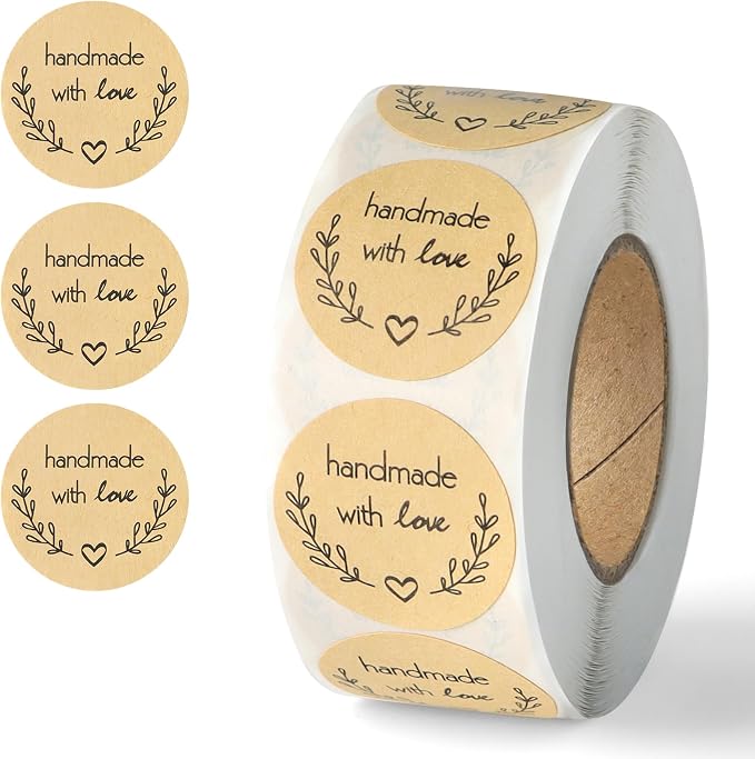 500PCS Handmade with Love Stickers, Kraft Made with Love Tags 1 Inch(25mm) Seal Labels Self-Adhesive for Baked Packaging Envelope Homemade Gift Small Business（Classic）