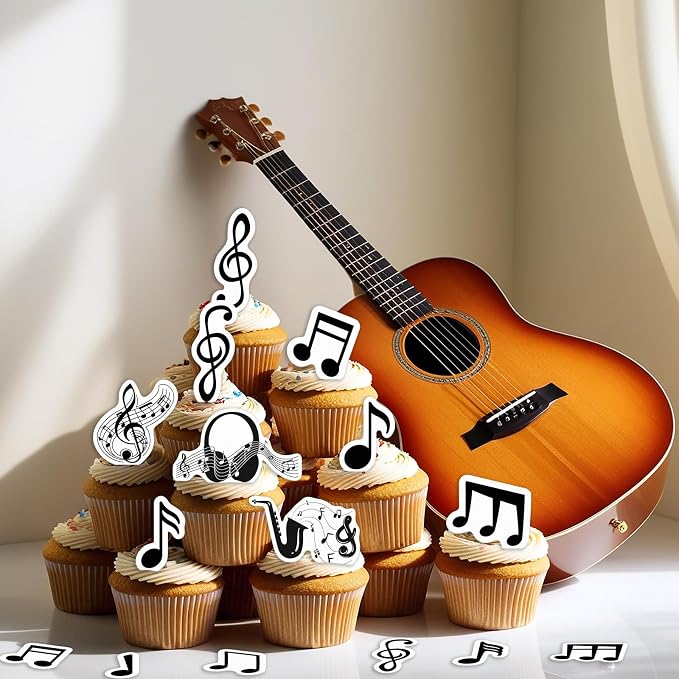 64PCS Edible Musical Notes Cupcake Toppers Wafer Paper Black Music Symbol Cake Picks Music Concert Cake Topper Edible Musical Cupcake Picks for Concert Theme Party Decor