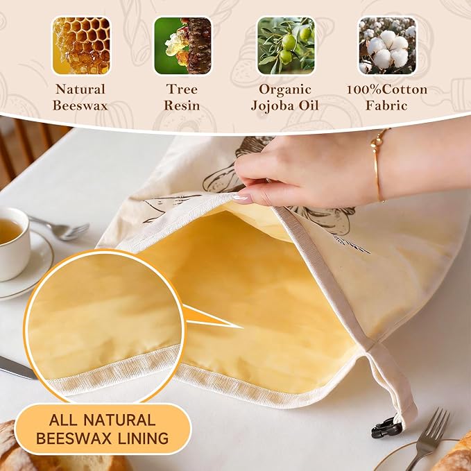 Beeswax Bread Bags for Homemade Bread, 2 Packs XL Reusable Cotton Linen Sourdough Bread Bags to Keep Bread Fresh, Airtight Drawstring Seal Reusable Food Storage Bags for Homesteading & Baking