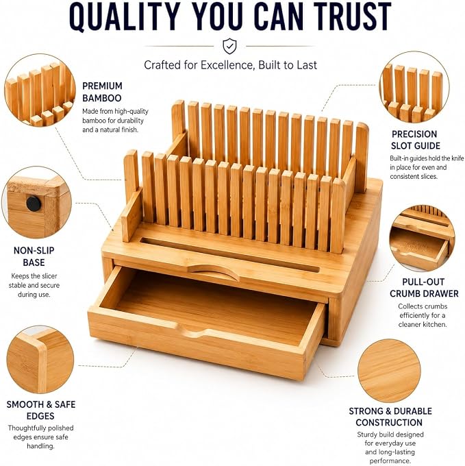 Bamboo Bread Slicer with Crumb Catcher Tray, Adjustable Slicing Guide and Knife Storage Drawer - Even Slice Loaf Cutter