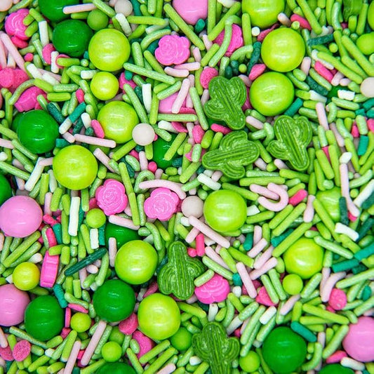 Fancy Edible Sprinkles for Cake, Cookie, Cupcake Decorating, and Baking - Baby Shower Cake Sprinkles and Toppings in Light Pink Jimmies, Green Nonpareils, Pink Rose and Green Cactus Candy