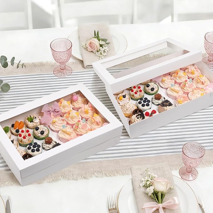 TOMNK 6 Pack Cupcake Boxes with Window for 24 Standard or Mini Cupcakes, White Cupcake Containers with Window for Birthday Holiday Party and Grad Party Dessert Packaging (17.5x11.5x4 Inch)