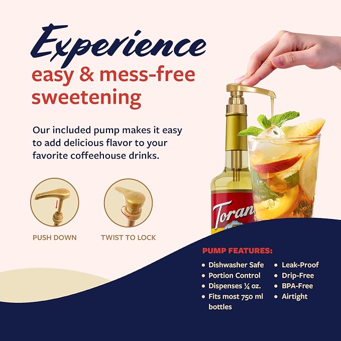 Torani Syrup, White Peach Flavoring for Drinks, Glass Bottle with Pump Included, 25.4 Fl Oz