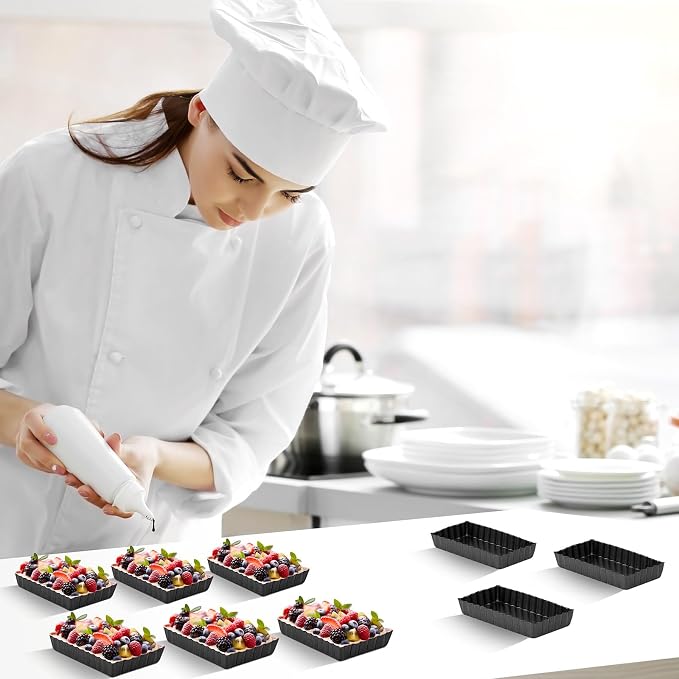 Tessco for You 16 Pcs Mini Tart Pans for Baking, 4.3 x 2.4 Inch Quiche Pans with Removable Bottom, Nonstick Egg Tart Molds Fluted Side Bakeware for Pie Fruit Tarts Cheesecake Dessert (Black Rectangle)