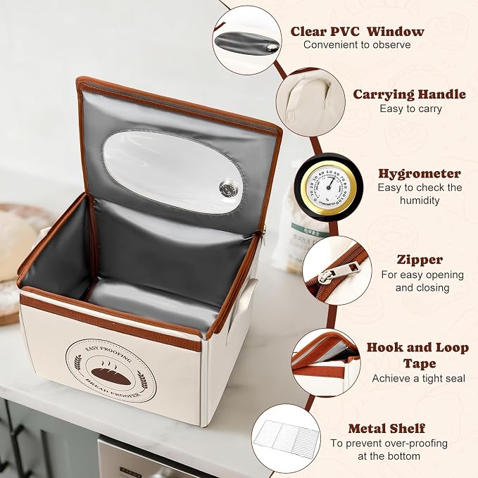 Bread Proofing Box with Temperature Control & Timer, Foldable Dough Proofer for Fermentation, Folding Sourdough Proofing Box for Bread Baking, Pizza, Yogurt, Kombucha, Wine (Beige)