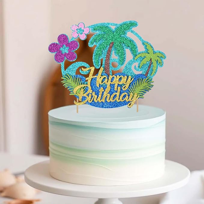 Wootkey Glitter Hawaii Happy Birthday Cake Topper Palm Tree Summer Flower Ocean Hawaiian Cake Decorations Luau Theme Party Supplies