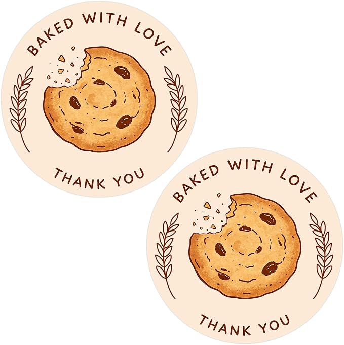 Louise Maelys 120 Pcs Baked with Love Stickers- 1.5 Inch Round Thank You Sticker with Cookie Pattern Labels for Bakery Packaging, Homemade Treats, Gift, Small Business Packaging or Party Favors