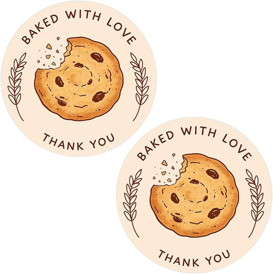 Louise Maelys 120 Pcs Baked with Love Stickers- 1.5 Inch Round Thank You Sticker with Cookie Pattern Labels for Bakery Packaging, Homemade Treats, Gift, Small Business Packaging or Party Favors